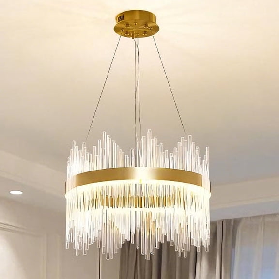 15.7 Inch Gold Round Icicle Crystal Chandelier, 3 Color Temperature Dimmable Hanging Lamp, Modern Circular Glass Rod Light for Bedroom Dining Room Kitchen Island Living Room Home Decor