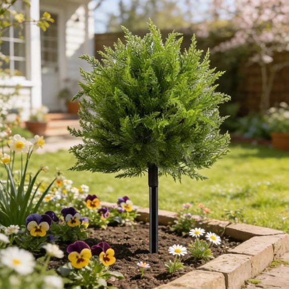 15.7 Inch (H) Artificial Cedar Topiary Ball Trees, Fake Evergreen Shrub Bushes With Ground Spike, Uv Resistant Faux Cypress Greenery Decor For Outdoor Garden, Patio, Front Porch, And Indoor Use