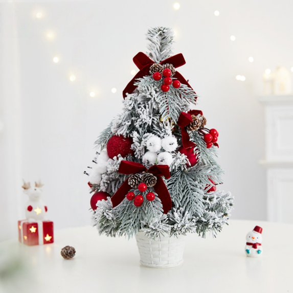 15.7 Inch Mini Tabletop Christmas Tree with Ornaments, Snow Flocked Artificial Christmas Tree with Cowbells Berries Velvet Bow Pine Cones, Desktop Holiday Decor for Home Office