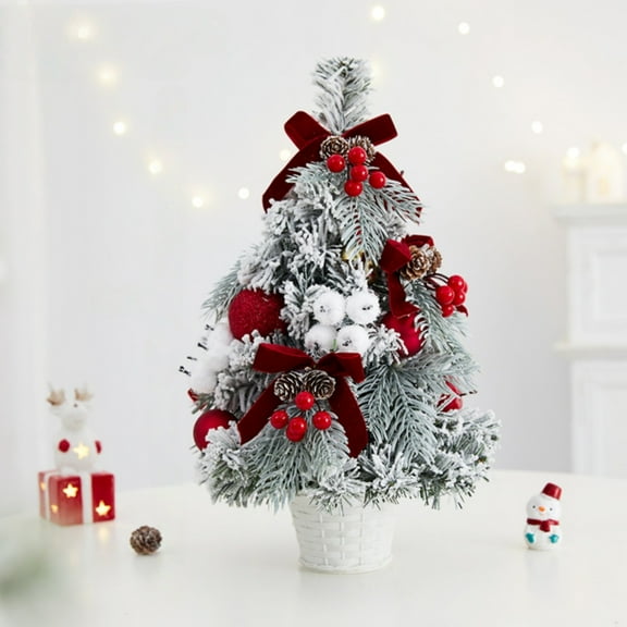 15.7 Inch Mini Tabletop Christmas Tree with Ornaments, Snow Flocked Artificial Christmas Tree with Cowbells Berries Velvet Bow Pine Cones, Desktop Holiday Decor for Home Office