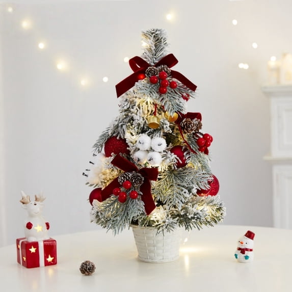 15.7 Inch Pre Lit Mini Tabletop Christmas Tree with Ornaments, Snow Flocked Artificial Christmas Tree with Cowbells Berries Velvet Bow Pine Cones, Desktop Holiday Decor for Home Office
