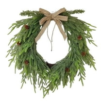 15.7 Inch Real Touch Christmas Wreath - Artificial Norfolk Pine Cedar Wreath with Bow & Pine Cones for Front Door Indoor Outdoor Holiday Decor