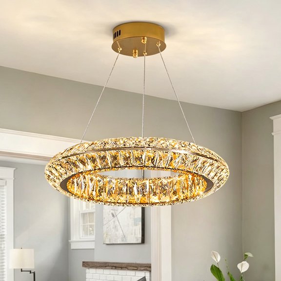 15.7 Inch Round Ring K9 Crystal Chandelier, 3 Color Temperature Dimmable LED Hanging Pendant Light, Modern Circular Crystal Lamp for Kitchen Island Small Dining Table Bedroom Breakfast Nook