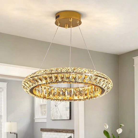 15.7 Inch Round Ring K9 Crystal Chandelier, 3 Color Temperature Dimmable LED Hanging Pendant Light, Modern Circular Crystal Lamp for Kitchen Island Small Dining Table Bedroom Breakfast Nook