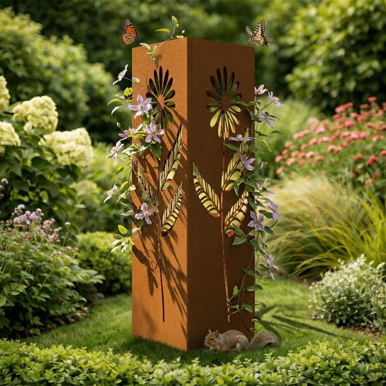15.7 Inch Rusty Metal Garden Column Outdoor Steel Sculpture Rustic Patina Light Shadow Art Column Modern Garden Statue Patio Lawn Porch Backyard Landscape Decor Focal Yard Accent