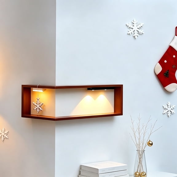 15.7 Inch Wall Corner Wood Storage Rack, Wall Mounted Display Shelf With 2 Lamps, Home Decor Shelf For Living Room Bedroom Kitchen Office Brown 40*20*8Cm