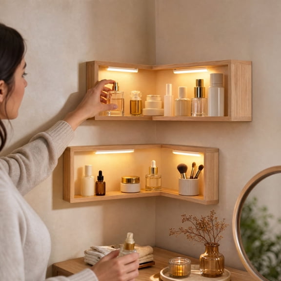 15.7 Inch Wall Corner Wood Storage Rack, Wall Mounted Display Shelf With 2 Lamps, Home Decor Shelf For Living Room Bedroom Kitchen Office Yellow 40*20*8Cm
