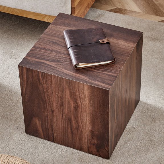 15.7 Inch Walnut Wood Grain MDF Cube Coffee Table for Living Room.