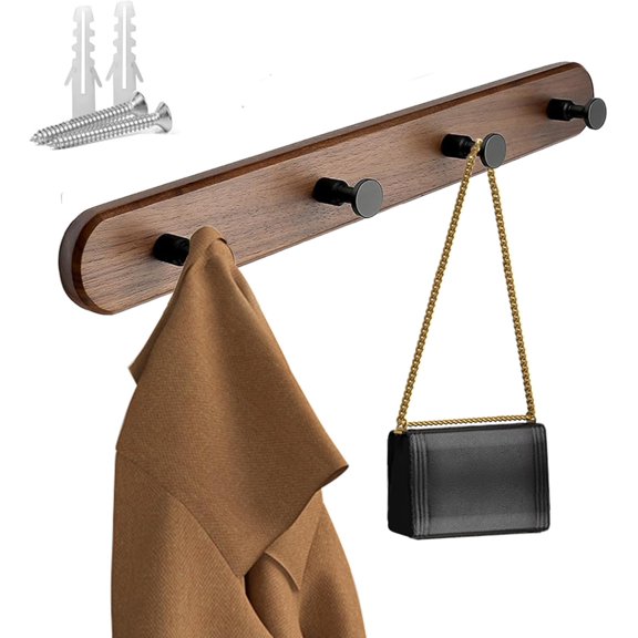 15.7 Inch Walnut Wood Wall Mounted Coat Rack with 4 Black Hooks Modern Wooden Hook Rail for Entryway, Bathroom, Bedroom, Kitchen Wall Hook for Coats, Hats, Bags, Keys, Towels, Jackets