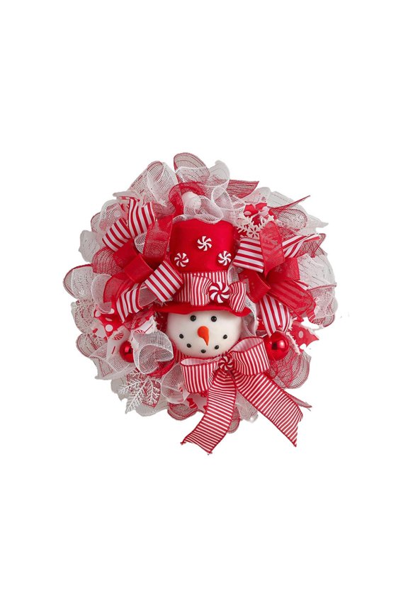 15.7" Merry Christmas Snowman Wreath - Silver Red White Snow Christmas Mesh Front Door Wreath - Winter Decor