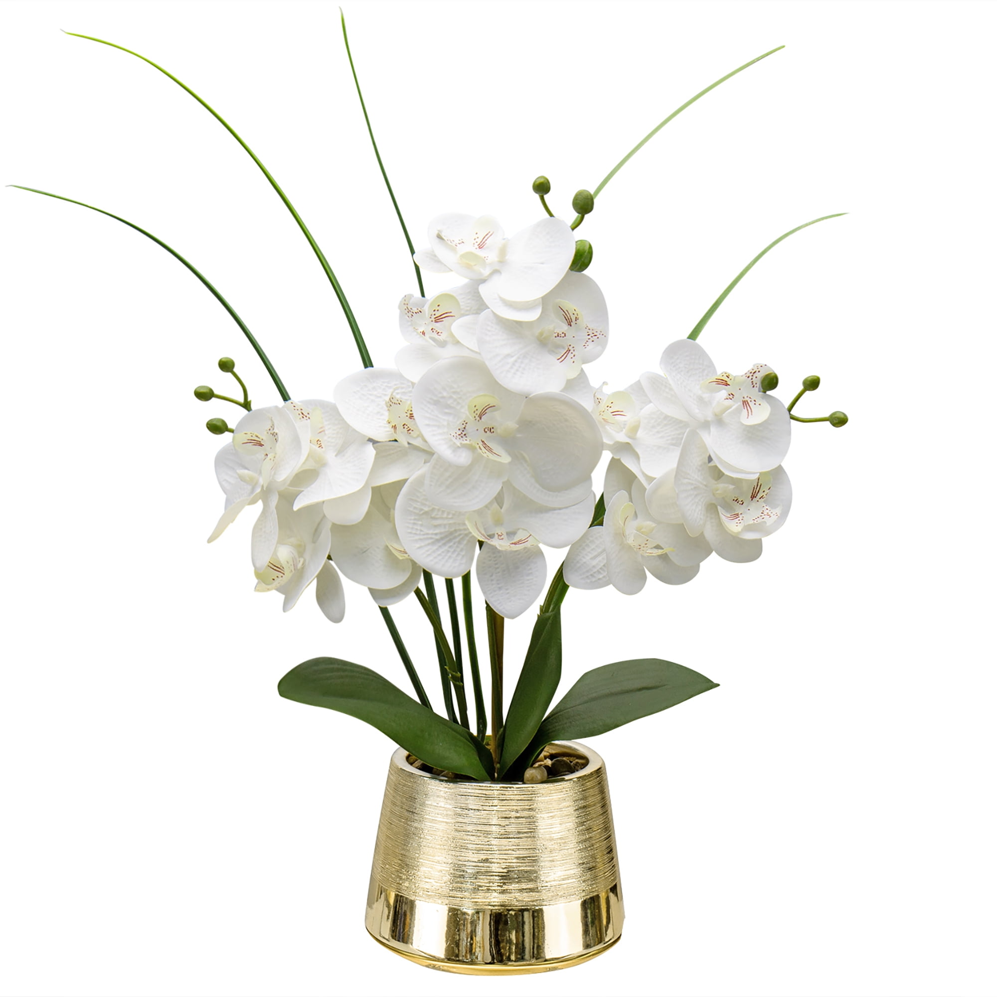 15.7" Orchids Artificial Flowers White Phalaenopsis in Gold Pot Realistic Touch Faux Orchid Plant for Home Office Room Table Centerpieces Kitchen Decor