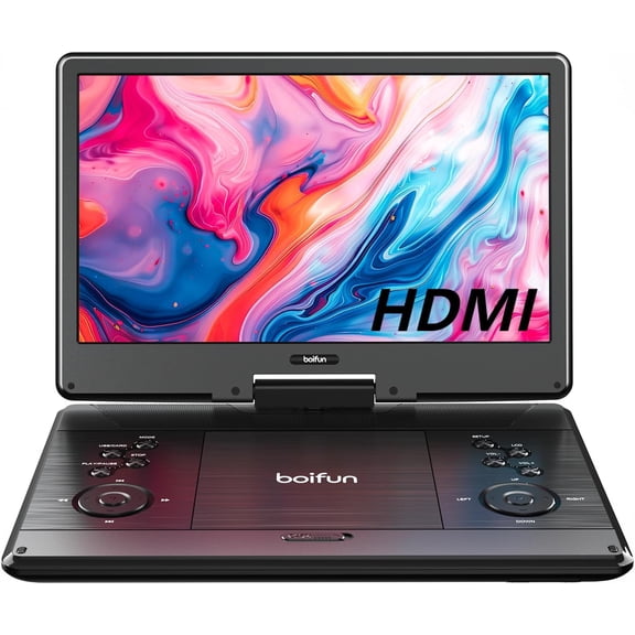 15.7" Portable DVD Player with 14.1" Large Screen Support, HDMI Input, 5 Hrs Rechargeable Battery, Sync TV/Projector, USB/SD, Region Free, Dual Speaker, Multiple Disc Formats, Black