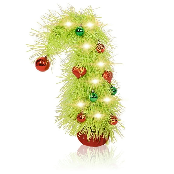 15.7" Pre-lit Mini Christmas Trees, Small Lime Green Tabletop Christmas Tree with Christmas Balls Decoration, Bendable Artificial Mini Trees with Led Lights for Table Top Desk Xmas Decoration