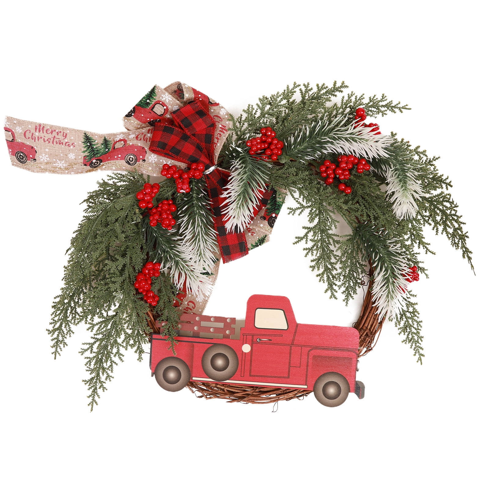 15.7" Red Truck Christmas Wreath Vintage Plaid Bow-Knot Wreath