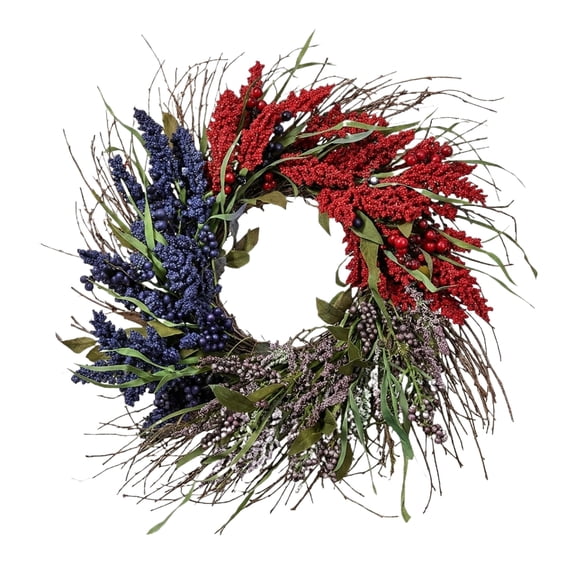 15.7" Red White and Blue Patriotic Wreath 4th of July Wreath with Wheat, Forsythia & Ribbon | Multi-Textured 4th of July Memorial Day Independence Day Front Door Indoor Outdoor Decor