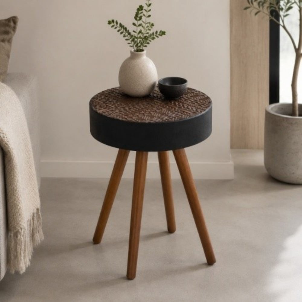 15.7" Round Drink Table, Small Wooden Side Table with Solid Wood Legs, Mid-Century Modern Accent Table for Living Room, Bedroom, Sofa, Brown & Black