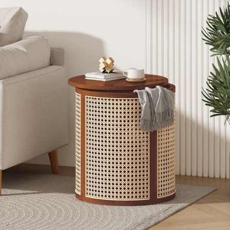 15.7" Round Woven Side Table, Small Rubber Wood End Table with Rattan-Style Base, Modern Accent Nightstand for Living Room Bedroom Balcony, Easy Assembly,Dark Brown
