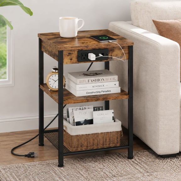 15.7" Small Side Table with Charging Station, USB & Socket, 3-Layer Adjustable Storage Bedside Cabinet & Coffee Table