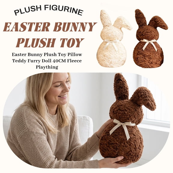 15.7" Teddy Fleece Easter Bunny Plush Pillow, Minimalist Fluffy Rabbit Stuffed Animal with Ribbon Bow, Cozy Spring Room Decor & Cuddle Gift (1 Pc)