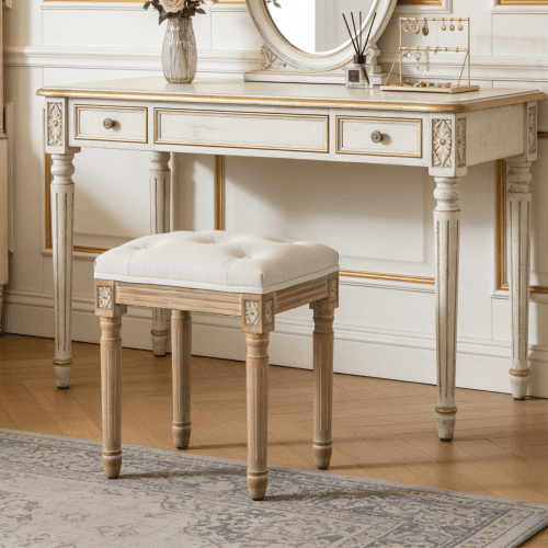 15.7" Tufted Linen Vanity Stool with Carved Solid Wood Legs – Multi-Use Dressing Bench for Bedroom, Entryway & Commercial Seating, Beige