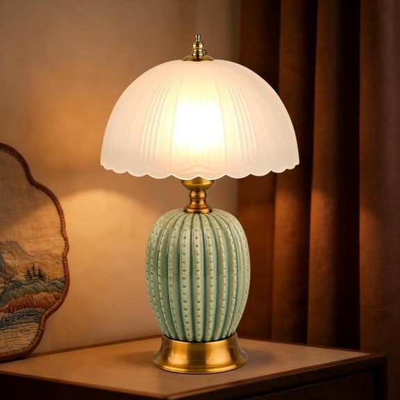 15.7" Vintage Ceramic Small Table Lamp, Green Cactus Retro Bedside Lamp with Gradient Glass Shade, 3-Color Dimmable Nightstand Light for Bedroom & Living Room, Home Decor, Bulb Included
