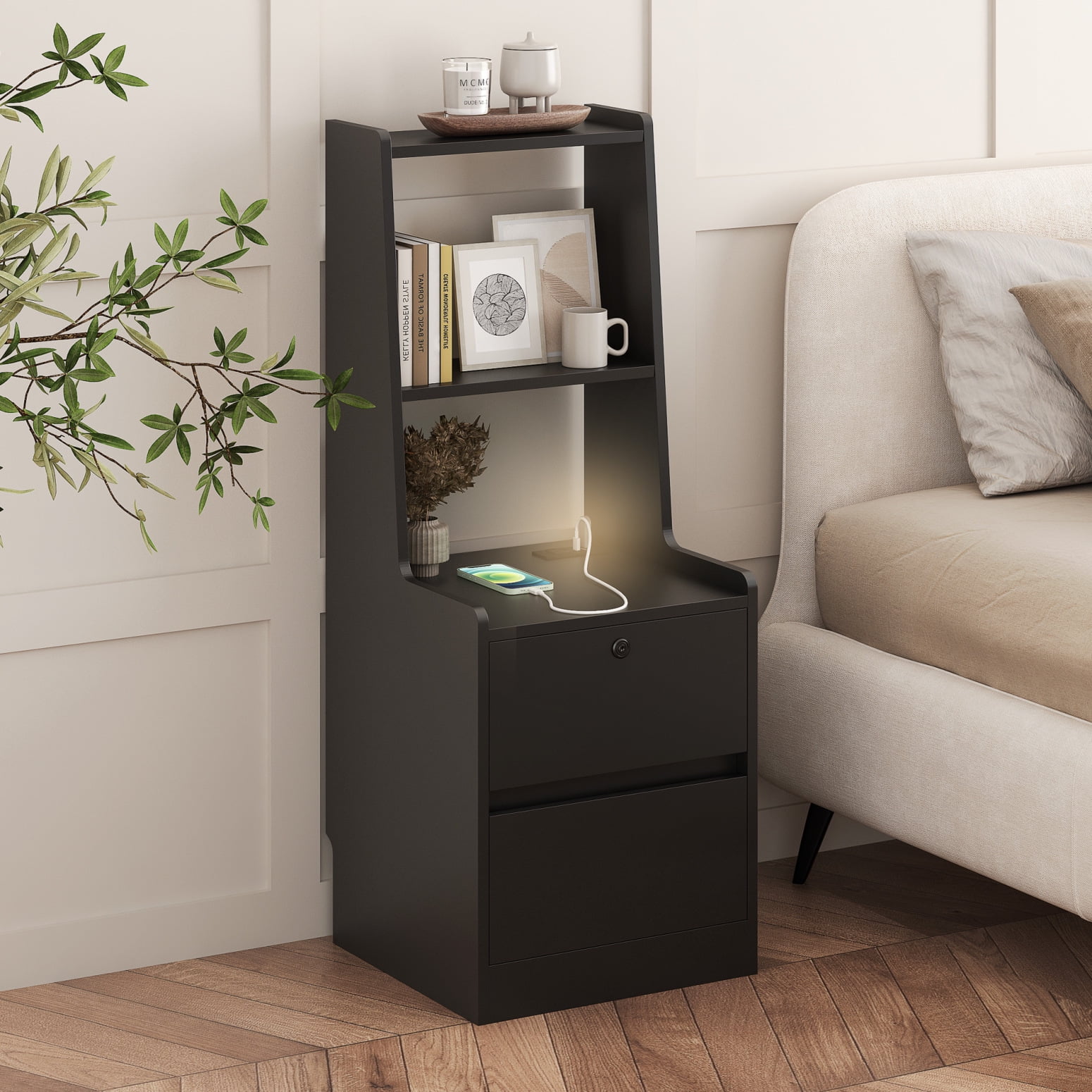 LYNCOHOME Modern Wooden Nightstand With 2 Drawers & USB Charging Station - Rustic Brown Bedside Table With Outlet