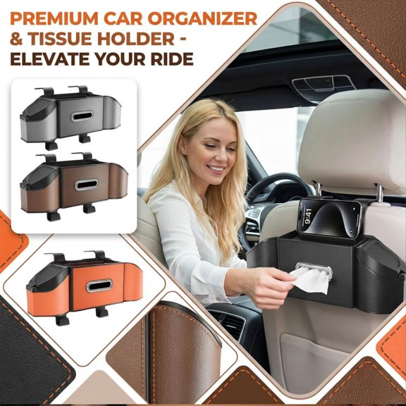 15.7 X 10.2 X 5.9 Inch Gray Car Backseat Organizer & Tissue Holder, Multifunctional Storage Hanging Bag With Large Capacity For Snacks, Toys, Drinks And Essentials For Car