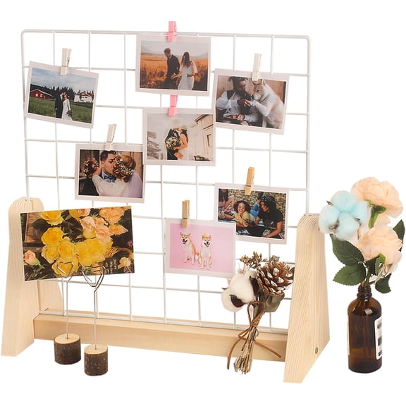 15.7X15.7 Grid Wall Countertop Display Stand Metal Grid Wall Stand with Mini T-Base Portable Tabletop Display Unit with 20 Small Clips for Shows Retail Crafts Artistic Drawings Photos