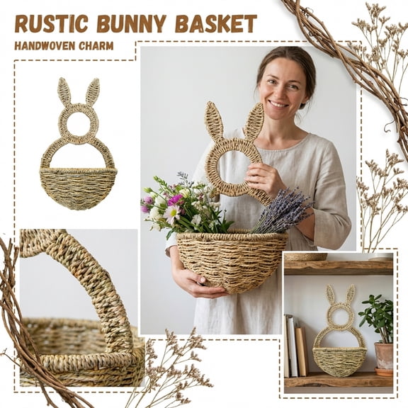 15.7-inch Easter Bunny Wicker Basket with Solid Ears,Handwoven Rattan Rabbit Shaped Storage Basket for Egg Hunt,Spring Holiday Gift Pail A A