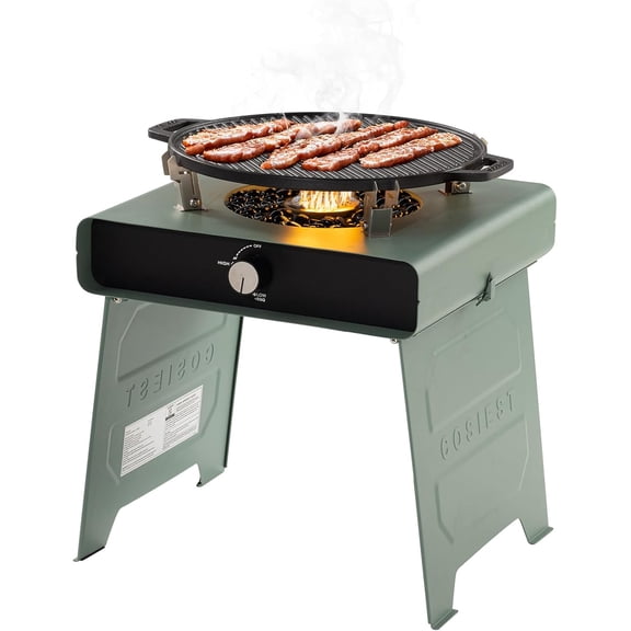 15.7 inch Outdoor Propane Fire Pit, Foldable Smokless Fire Table with Baking Tray, Mini Stainless Seel Iron Fire Pit with Portable Bag, Fire Glass for BBQ, Camping, Party, Yard, Green