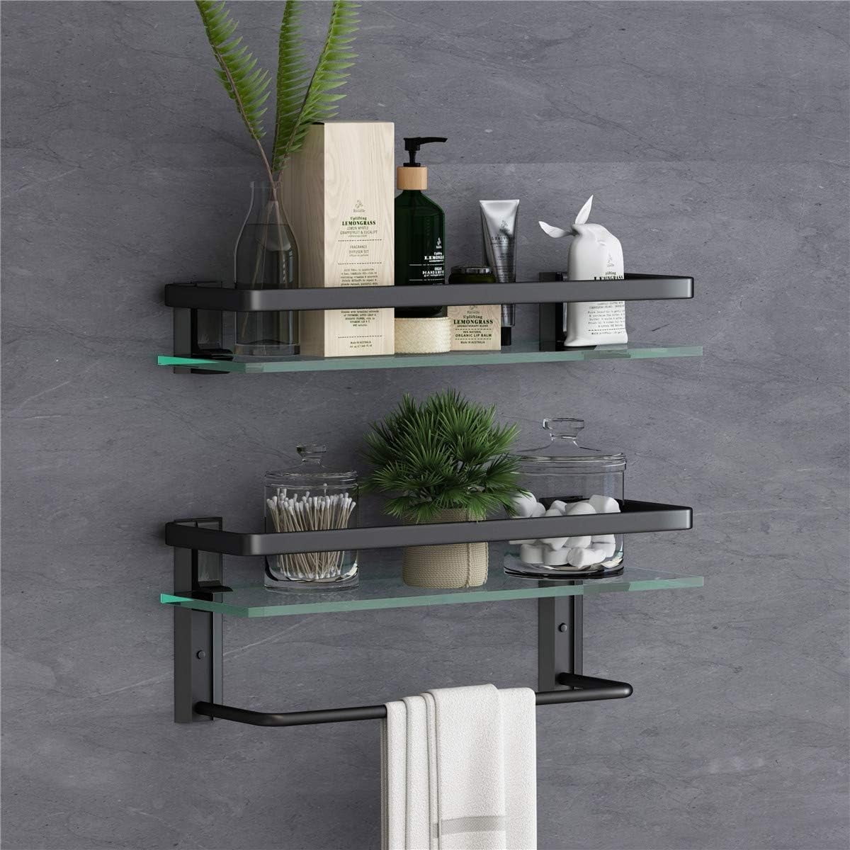 15.74'' Black Floating Glass Bathroom Shelf with Towel Bar