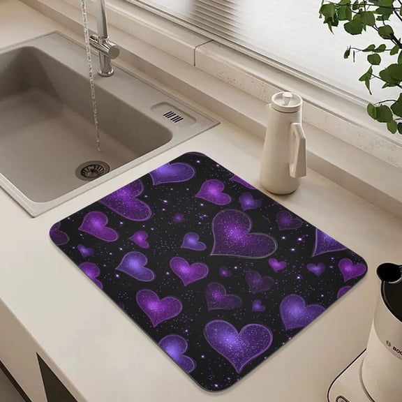 15.7" x 11.8"Diatomaceous Earth Dish Drying Mat Super Absorbent Non-Slip Rubber Backing Heat Resistant Kitchen Sink Mat Amethyst Diamond Hearts