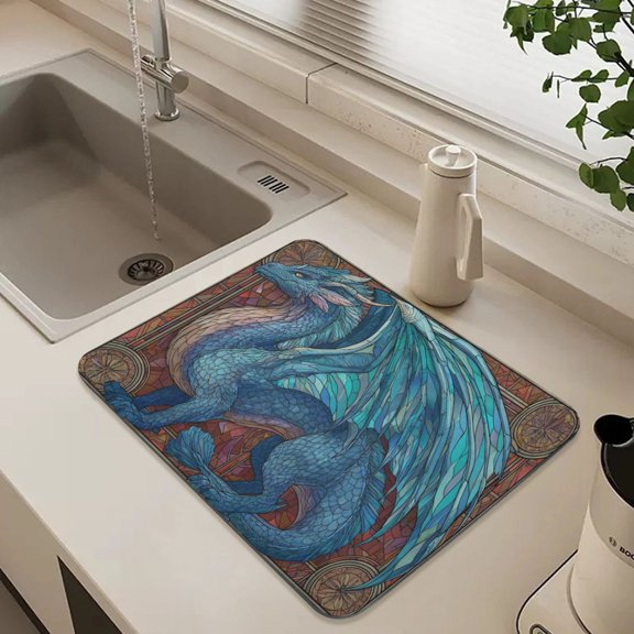 15.7" x 11.8"Diatomaceous Earth Dish Drying Mat Super Absorbent Non-Slip Rubber Backing Heat Resistant Kitchen Sink Mat Azure Dragon