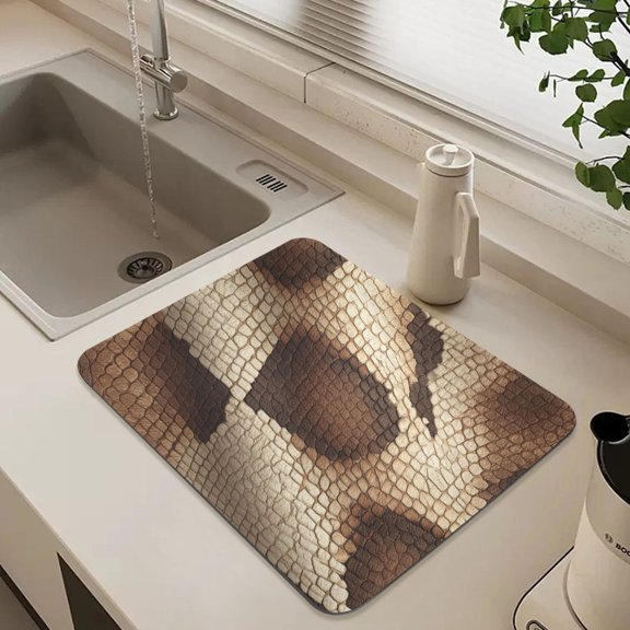15.7" x 11.8"Diatomaceous Earth Dish Drying Mat Super Absorbent Non-Slip Rubber Backing Heat Resistant Kitchen Sink Mat Brown Snake Skin Pattern