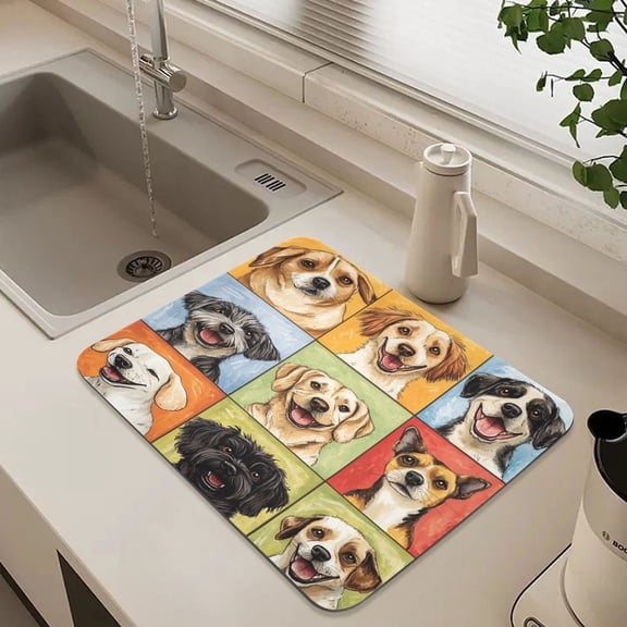 15.7" x 11.8"Diatomaceous Earth Dish Drying Mat Super Absorbent Non-Slip Rubber Backing Heat Resistant Kitchen Sink Mat Nine-square Grid Dogs