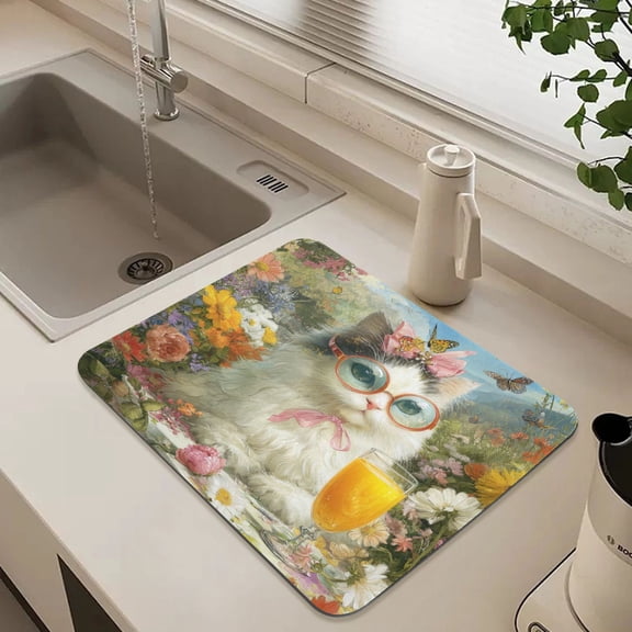 15.7" x 11.8"Diatomaceous Earth Dish Drying Mat Super Absorbent Non-Slip Rubber Backing Heat Resistant Kitchen Sink Mat Ragdoll Cat Lunch Break