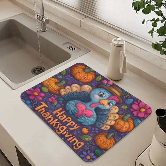 15.7" x 11.8"Diatomaceous Earth Dish Drying Mat Super Absorbent Non-Slip Rubber Backing Heat Resistant Kitchen Sink Mat Thanksgiving Turkey Design