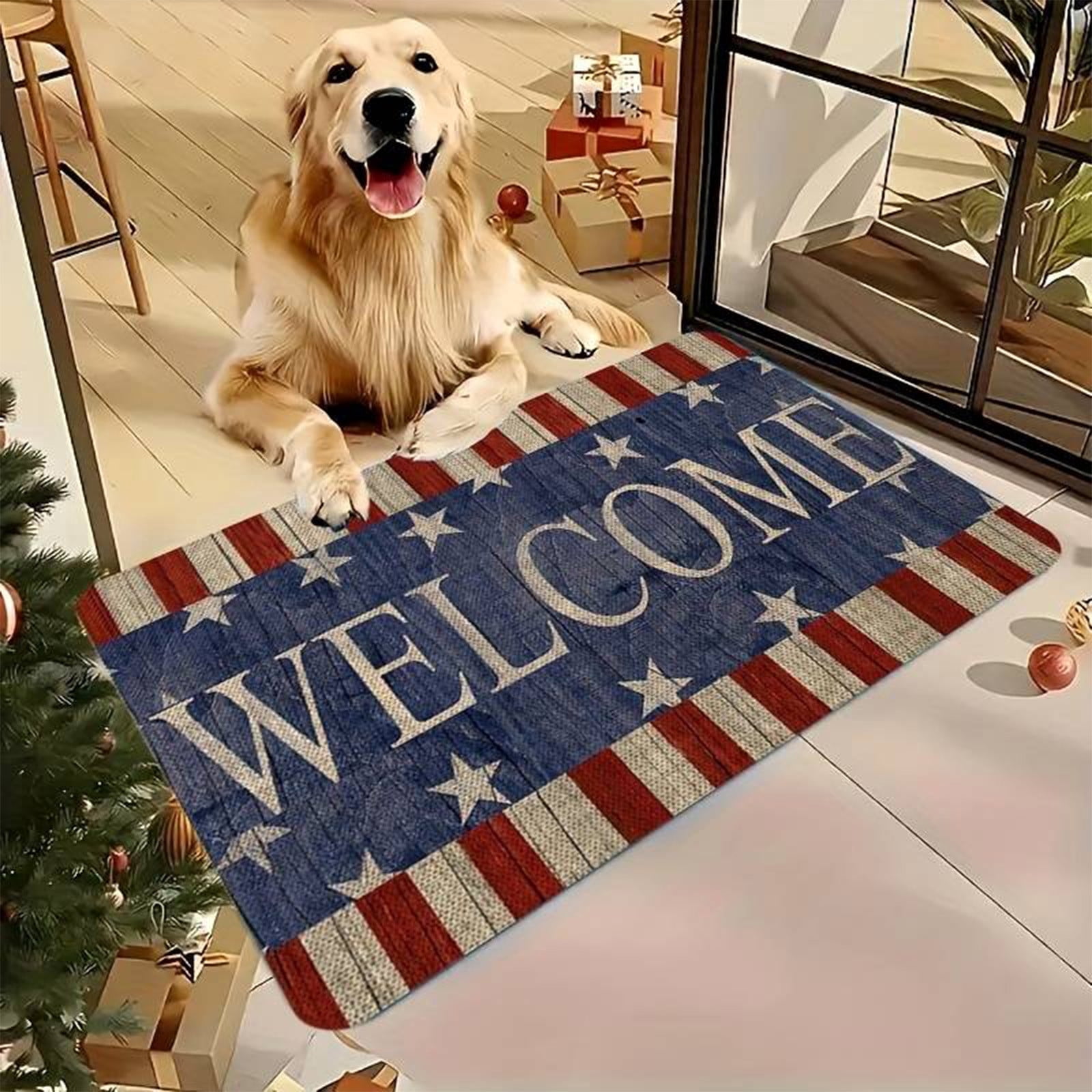 15.7" x 23.6" Independence Day Welcome Mat, Retro Flag Design with Heart Motif, Non-Slip Rubber Door Mat, Floor Rug for Outdoor & Indoor Use