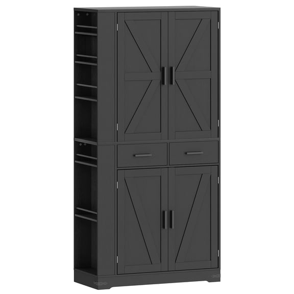 HOOBRO Farmhouse Pantry Cabinet with Removable Spice Rack, 2 Drawers, Adjustable Shelves, 15.7 x 34.6 x 70.9 Inches, Black