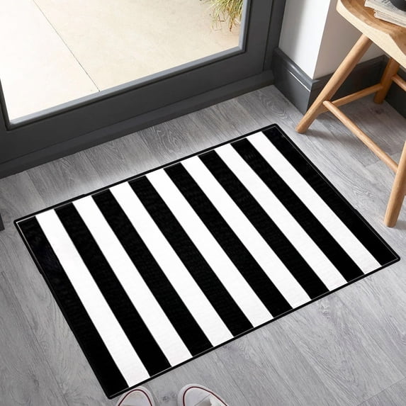 15.7"x23.6" Striped Outdoor Rug, Washable Front Porch, Black/White