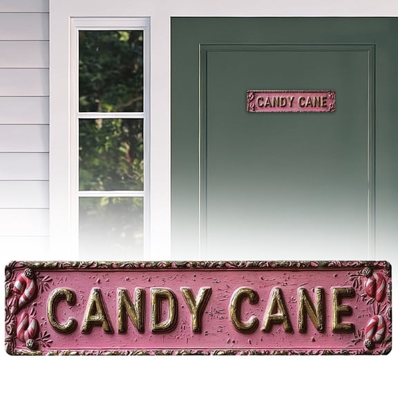 15.7"x3.9" Funny Aluminum Porch Sign "Candy Cane", Distressed 2D Flat Rustic Wall Decor, Weatherproof Farmhouse Sign for Back Deck, Balcony, Patio & Outdoor Living Area, Blue & Gold, By Harlik
