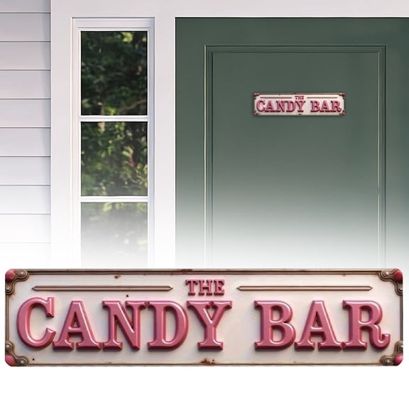 15.7"x3.9" Rustic Aluminum Porch Sign "The Candy Bar", Distressed 2D Flat Wall Decor, Weatherproof Farmhouse Style Sign for Outdoor Patio, Fence, Garden, Backyard & Leisure Space, By Harlik