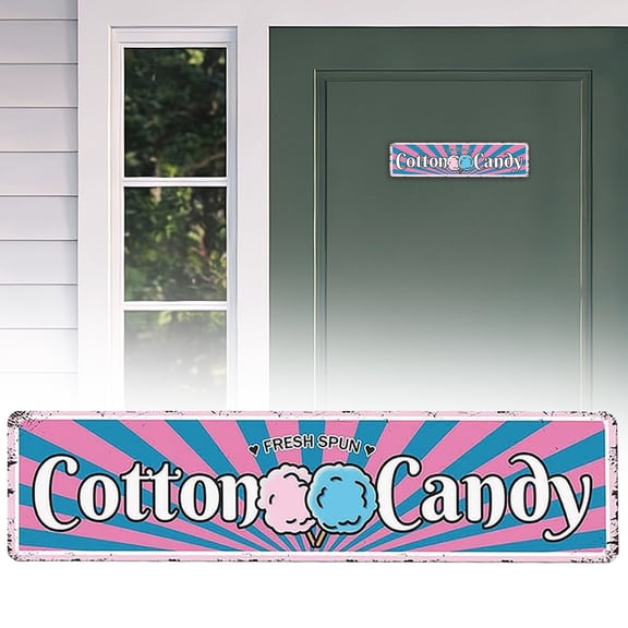 15.7"x3.9" Vintage Metal Porch Sign "Cotton Candy", Distressed 2D Flat Aluminum Decor, Rustic Farmhouse Style Sign for RV, Camper, Cabin, Front Porch & Outdoor Wall, Blue & Gold, By Harlik