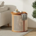 thumbnail image 1 of 15.70" Round End Table, Hollow Woven Side Table, Small Rubber Wood Nightstand, Rattan Woven Tea Desk, Round Wood Tabletop, Chic Home Decor Desk, Easy Assembly, Ochre, 1 of 8