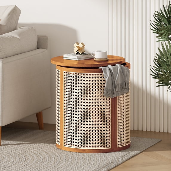 15.70" Round End Table, Hollow Woven Side Table, Small Rubber Wood Nightstand, Rattan Woven Tea Desk, Round Wood Tabletop, Chic Home Decor Desk, Easy Assembly, Ochre