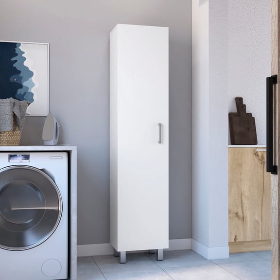 15.70 in Wide, White Cabinet - Broom Hanging & Shelf Function - Mudroom Storage - Keep Shoes & Coats