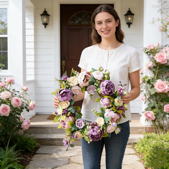 15.74" Artificial Peony Flower Wreath - Vintage Blooming Silk Peonies Spring Summer Fall Winter Large Wreaths Flower Green Leaves for Outdoor Front Door Indoor Wedding Christmas Parties, Easter