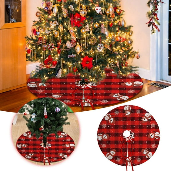 15.74'' Buffalo Plaid Christmas Tree Skirt Red&Black with White Snowflakes Snowman Pattern Rustic Farmhouse Christmas Tree Skirt Mat for New Year Xmas Party Decorations Home Yard Ornaments