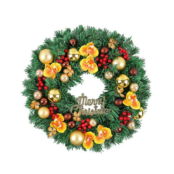 15.74 Inch Christmas Wreath for Front Door, Xmas Home Wall Windows Outdoor, Farmhouse Xmas Wreath Decorated with Berries, Artificial Flowers and Hanging Balls Colorful Ornaments