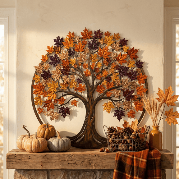 15.74 Inch Fall Tree Metal Wall Decor, Orange Autumn Tree Silhouette Hanging Decoration, Thanksgiving Wall Art for Living Room, Entryway, Dining Room, Porch and Home Decor